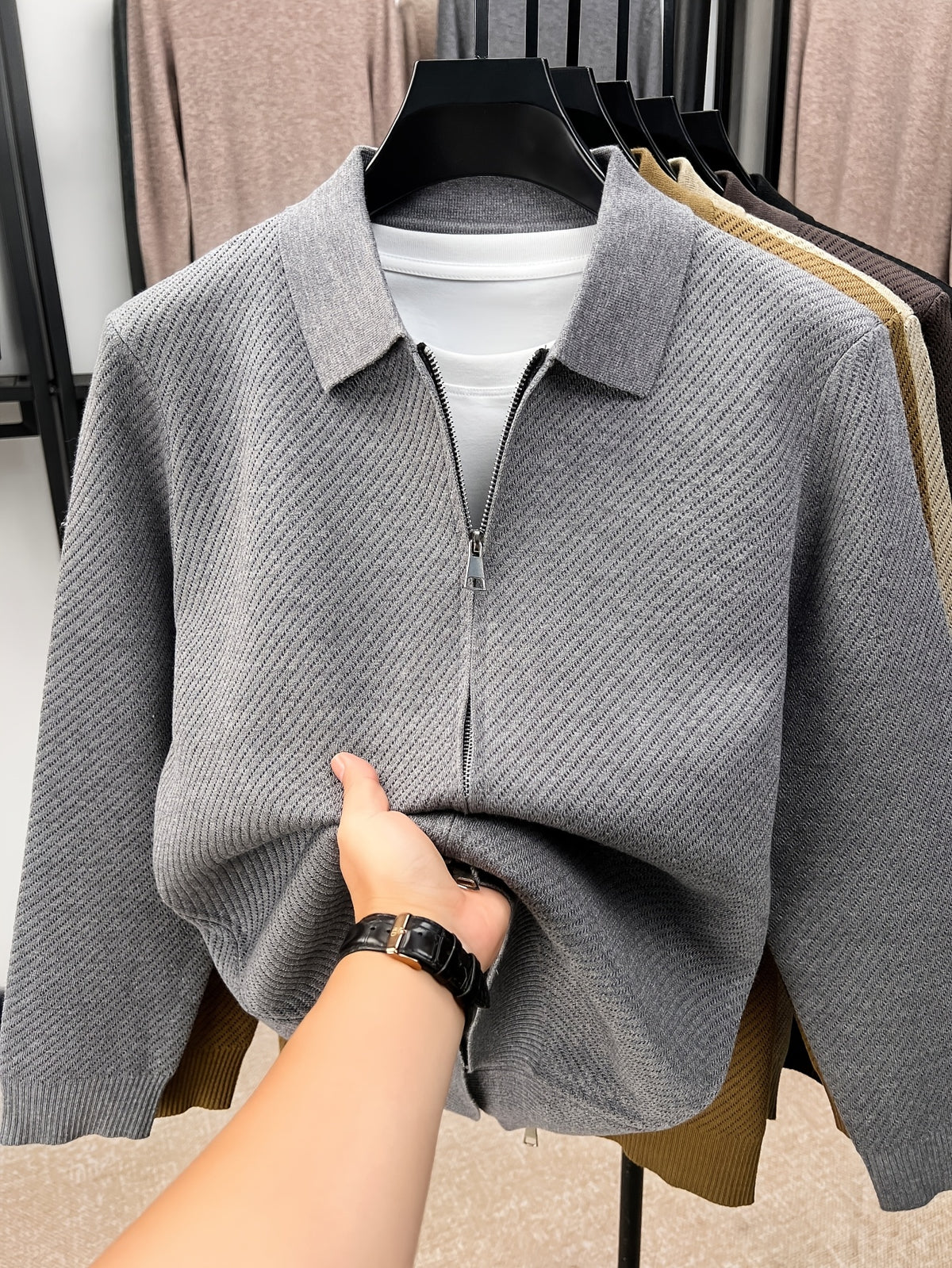 Xingfan Autumn/Winter Men's Long-Sleeve Open-Front Cardigan Lapel Business Casual Solid Color Chunky Knit Full-Zip Thickened Outerwear Jacket - Grey