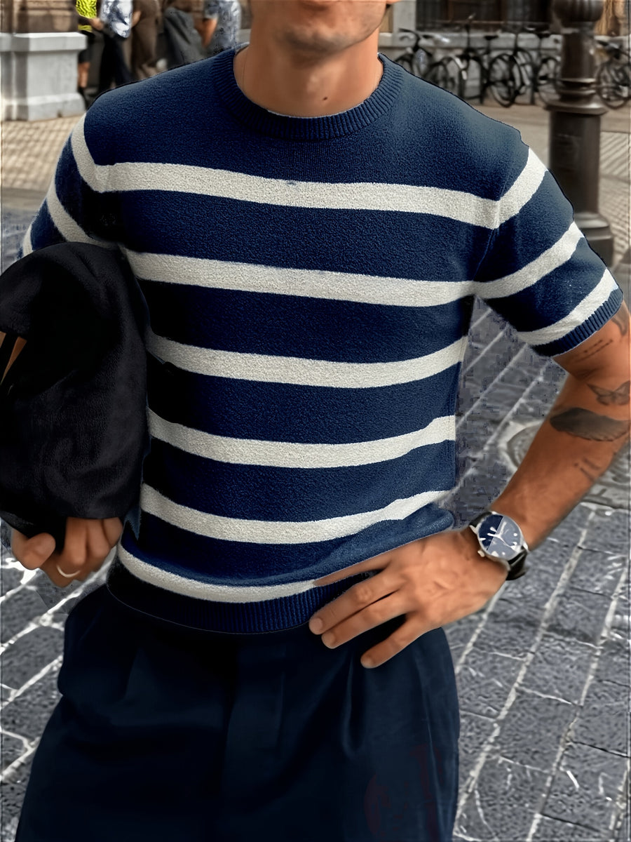 New Summer Fashion Trend: Stylish, Versatile, and Comfortable Men's Knitted Pullover. Casual Business Style Striped Contrast Color Crew Neck Men's Knitted Short Sleeve. Suitable for Work, School, Vacation, and Commuting Outfits - Navy Color