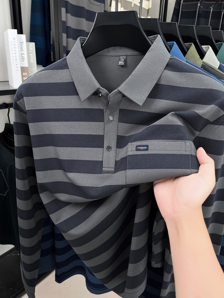 Minimalist Urban Striped Long-Sleeve Polo Shirt for Portable Daily Commuting - Grey