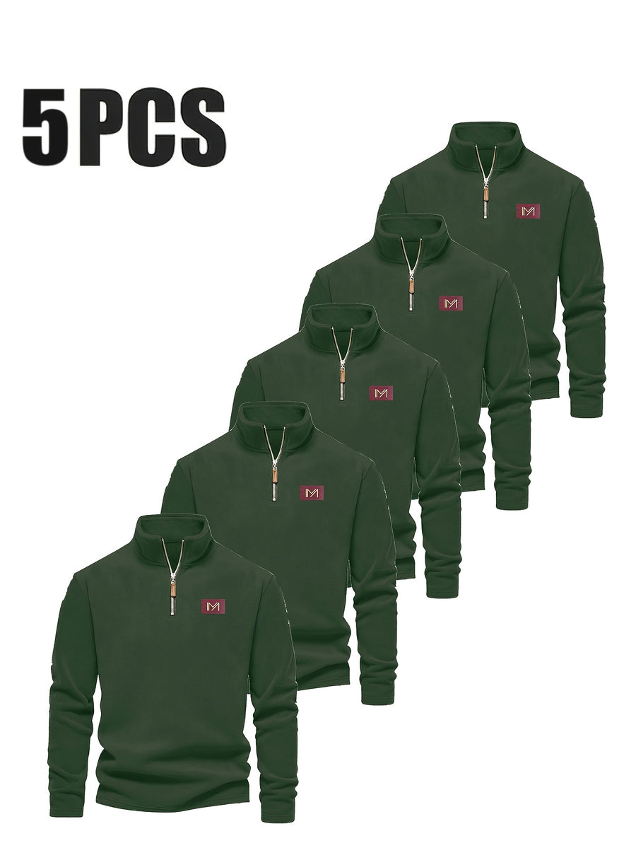 Men's Autumn/Winter Fashionable Simple Style Stand Collar Long Sleeve Sweatshirt 5pcs - Dark green + dark green + dark green + dark green + dark green