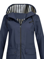 Autumn and Winter Striped Lined Hooded Windbreaker Jacket - Navy Color
