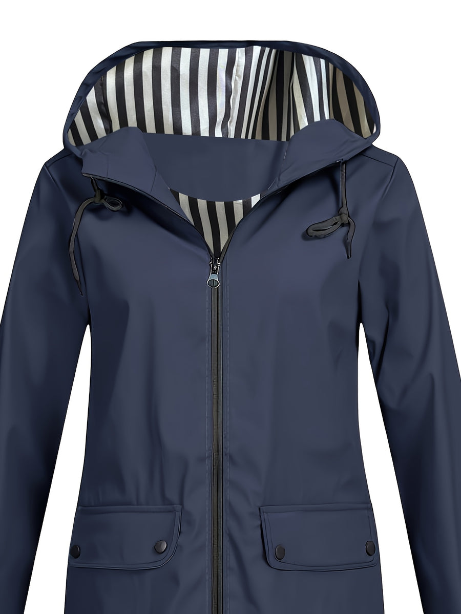 Autumn and Winter Striped Lined Hooded Windbreaker Jacket - Navy Color