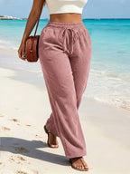 All-season Versatile Women's Casual Wide-leg Pants, High-waisted Elastic Waist Design, Loose, Smooth and Flowy Straight-leg Trousers, Ideal for Beach Trips, Outings and Vacation Wear - Pink Color