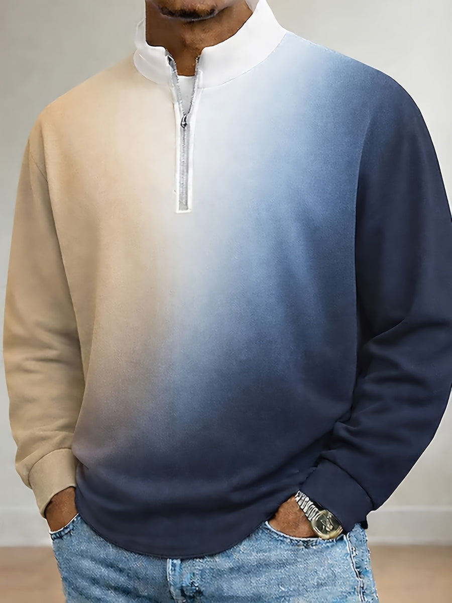 Men's Half-Zip Stand Collar Gradient Print Sweatshirt, Single Pc, Spring/Autumn Casual Pullover Top, Loose Drop-Shoulder Fit, Ribbed Cuffs and Hem, Comfortable Skin-Friendly Fabric, Trendy Gradient Color Pattern, American Casual Style, Plus Sizes - Blue & Khaki