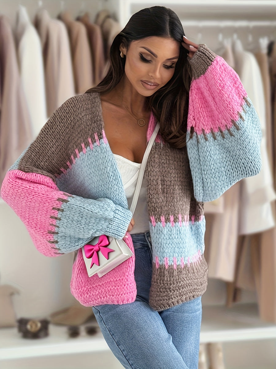 Women'S Color-Blocked Casual Cardigan Sweater, Loose, Soft, And Comfortable Jacket - Mixed colors