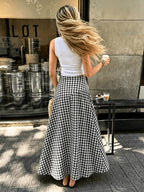 Women'S Spring Autumn Summer Bubble Texture Pleated Patchwork Long A-Line Umbrella Skirt, Summer/Fairy Style/Vacation/Casual/Daily/Versatile/High-Waist Design Flared Half Skirt/Ak260513102 - Black And White