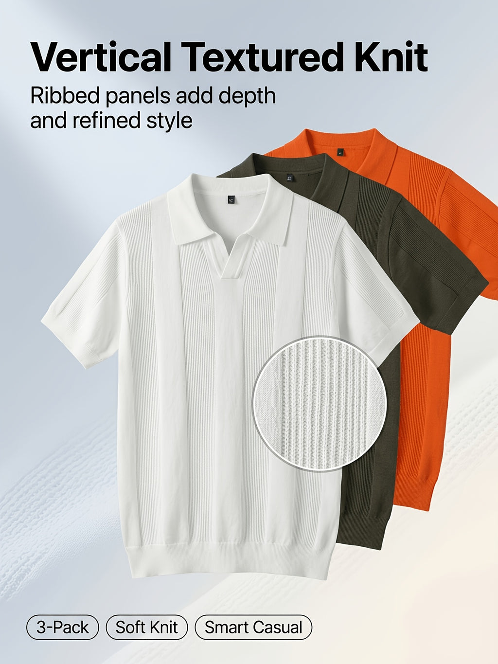 Men'S 3pcs Old Money Johnny Collar Vertical Textured Knit Polo Shirts, Breathable Casual Short Sleeve Tops, Multi-Color Set for Business Golf Vacation Summer Wear - White-Green-Orange-White