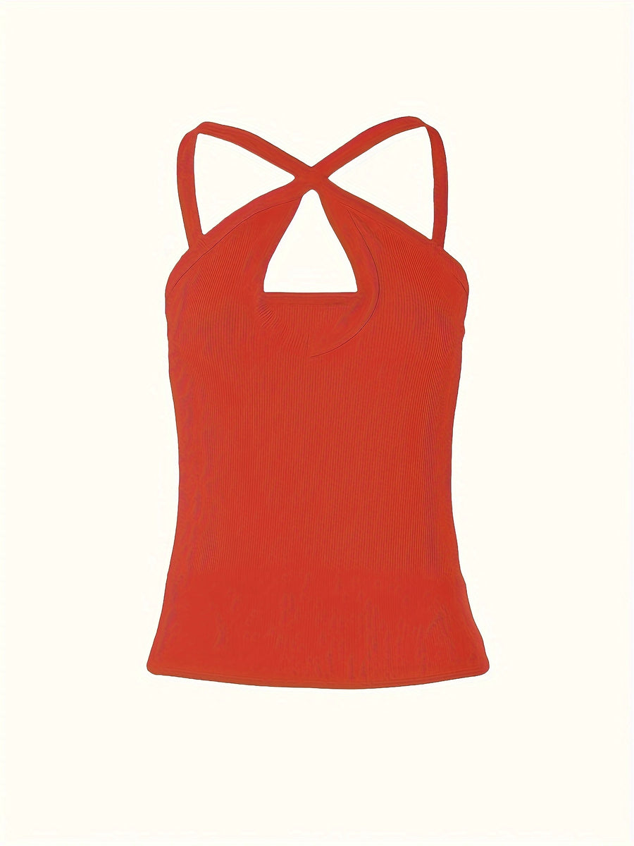 Women's Summer Solid Color Ribbed Fashion Sexy Heart Cut-Out Camisole - Orange Red