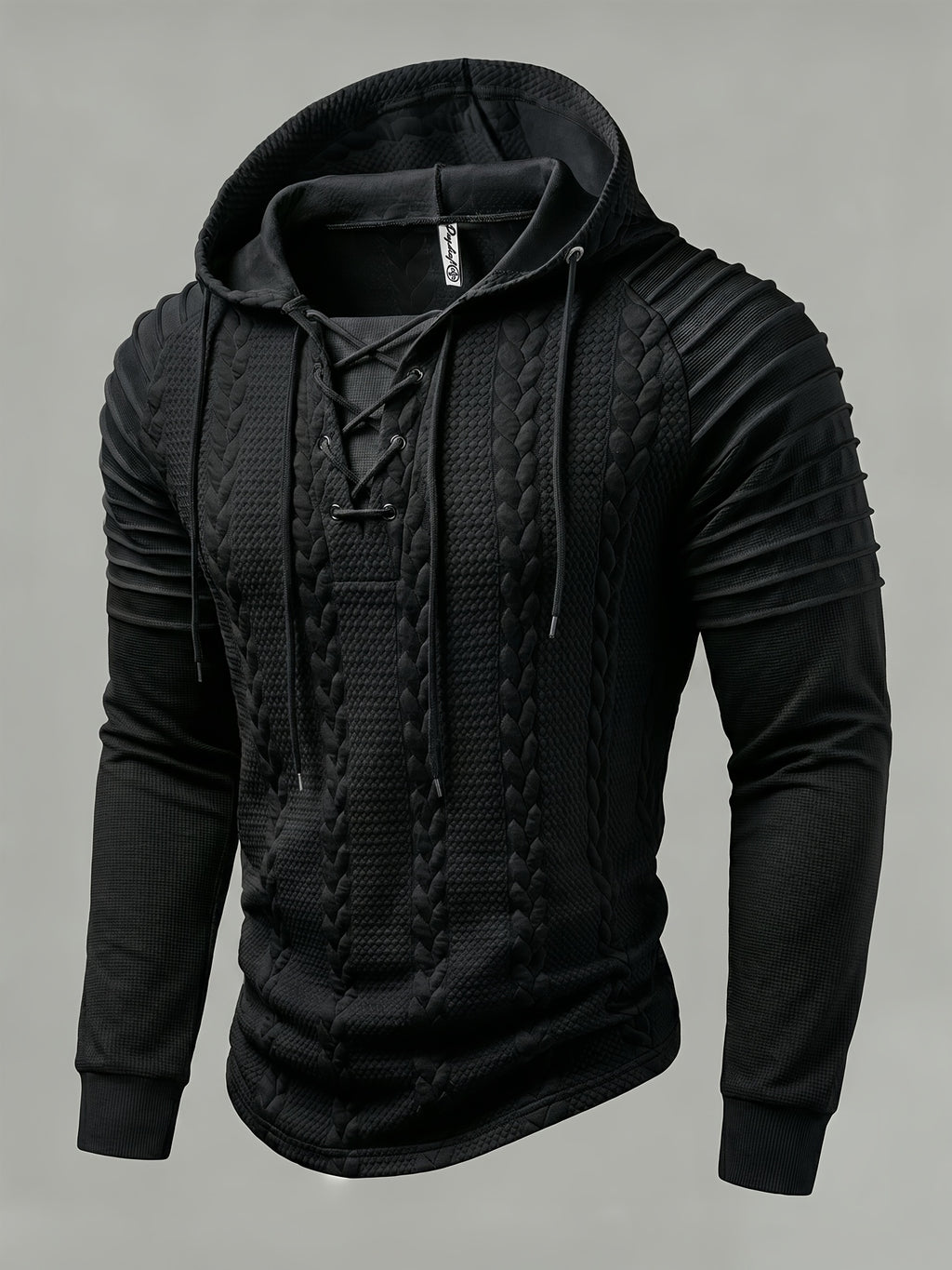 ROYALBOY Textured Jacquard Fabric Contrast Color Pleated Ribbed Sleeves Drawstring Design Fashionable Outdoor Casual Hooded Sportswear Top, Autumn Menswear - Black