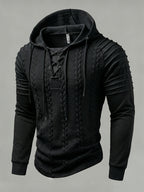 ROYALBOY Textured Jacquard Fabric Contrast Color Pleated Ribbed Sleeves Drawstring Design Fashionable Outdoor Casual Hooded Sportswear Top, Autumn Menswear - Black
