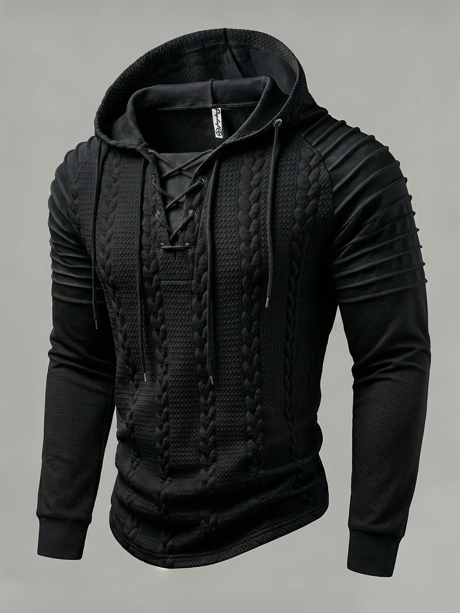 ROYALBOY Textured Jacquard Fabric Contrast Color Pleated Ribbed Sleeves Drawstring Design Fashionable Outdoor Casual Hooded Sportswear Top, Autumn Menswear - Black