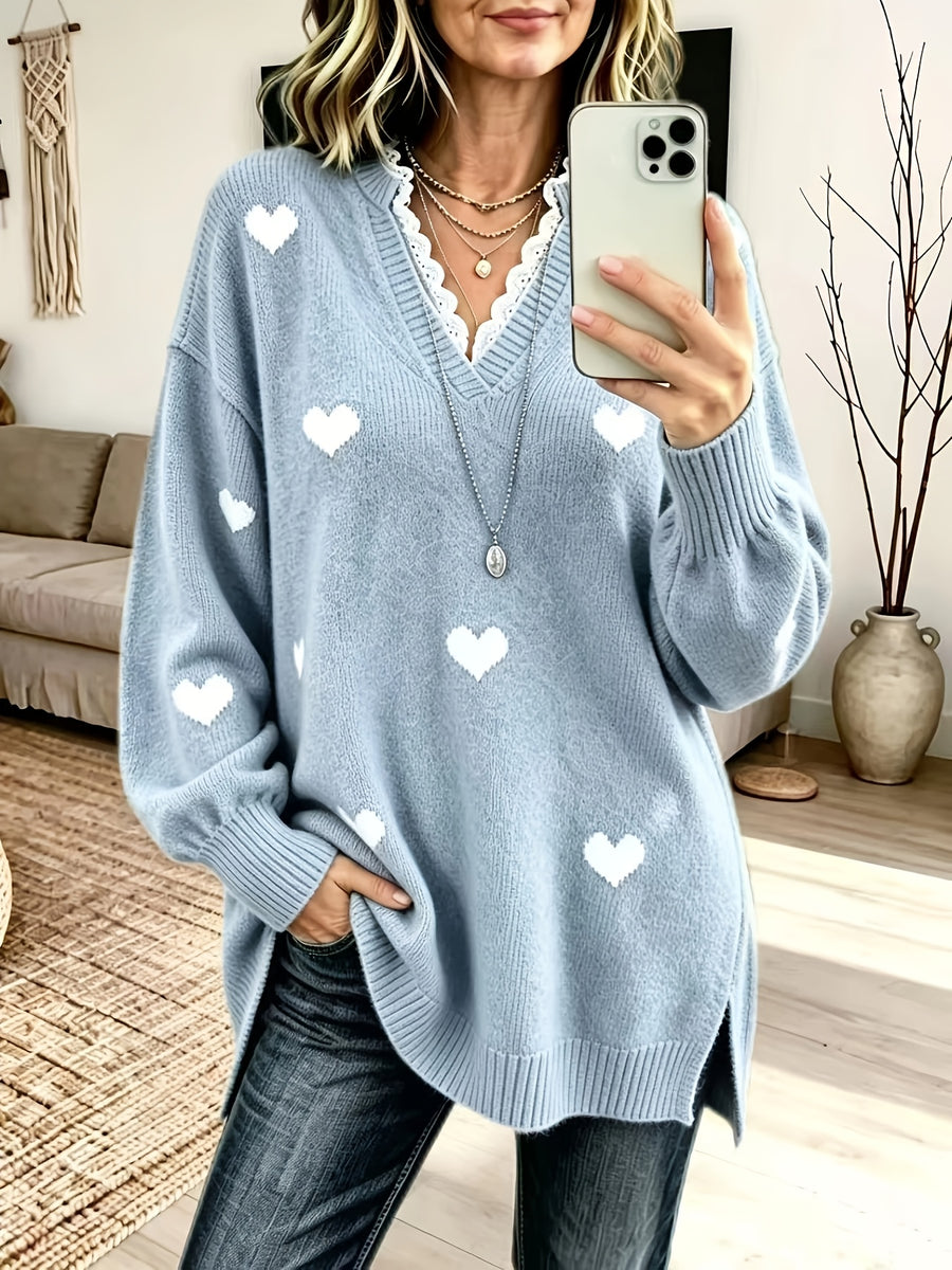 Plus Size - Women'S Elegant Lace Patchwork Sweater, Cute Heart Embroidery Women'S Sweater, Suitable for Autumn And Winter, Loose Fit Long Sweater, Suitable for Commute And Date Outfits - Light Blue
