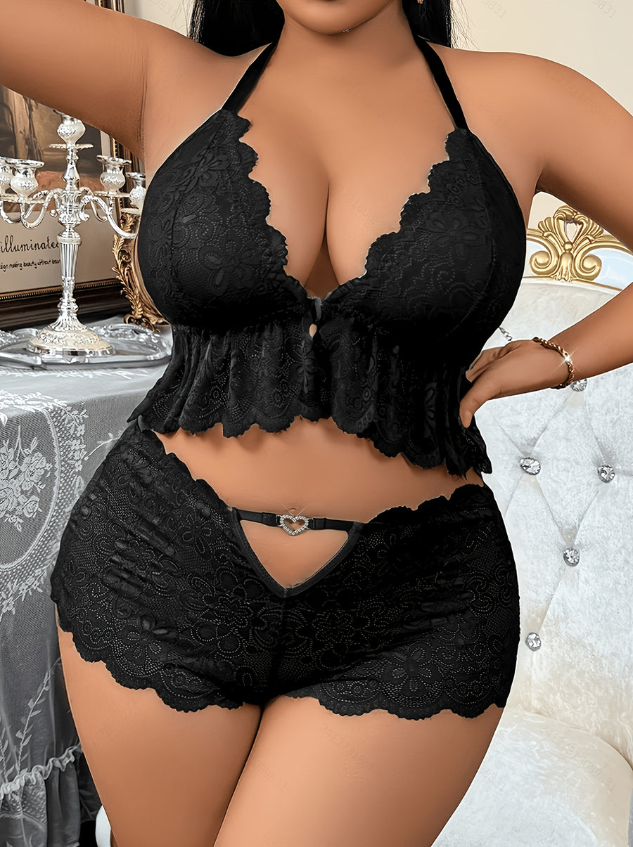 Plus Size Front-Button Lace Patchwork Backless 3-Ring Buckle Sexy Lingerie Heart-Shaped Hollow-Out Pants Set - Black