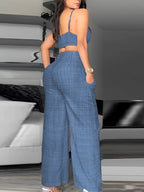 Women'S Solid Camisole Top And Wide-Leg Pants Loose Casual Fashion Set 2pcs Summer Outfit - Blue
