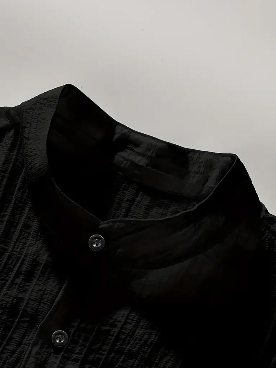Men'S Classic Solid Color Casual Long-Sleeve Button-Up Shirt with a Stand Collar Design, Machine Washable, Featuring Calvin Letter Print, Suitable for All Seasons, Perfect for Outings, The Beach, And Everyday Wear, with a Loose Fit - Black