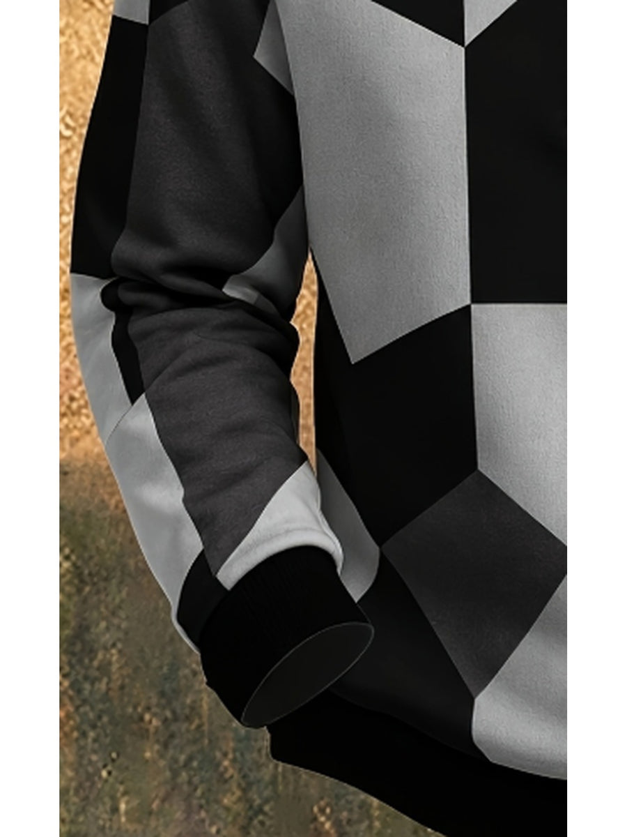 Men'S Autumn Winter Polo Zipper Sweatshirt, Men'S Retro Geometric Color-Block Digital Print Half-Zip Stand Collar Sweatshirt, Loose Casual Top, High Quality And Durable, Machine Washable, Daily Commute And Outdoor Wear - Mixed Color 1