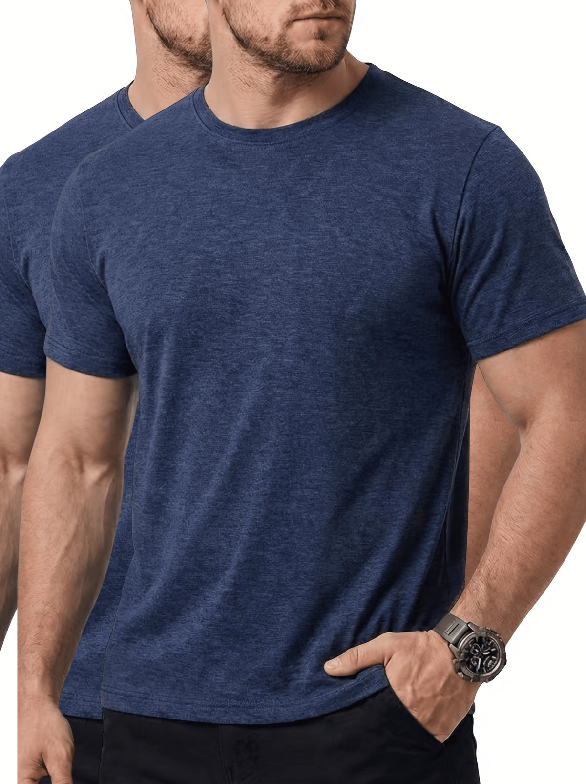2pcs Round Neck Base Short Sleeve Top, Stretch Fabric Men'S Shirt, Western Summer Season Soft Fabric T-Shirt, Home Wear, Men'S Casual Top, Base Layer, Multi-Scene, Suitable for Various Styles, Travel, Business, Golf, Countryside Travel, Knit - Royal Blue