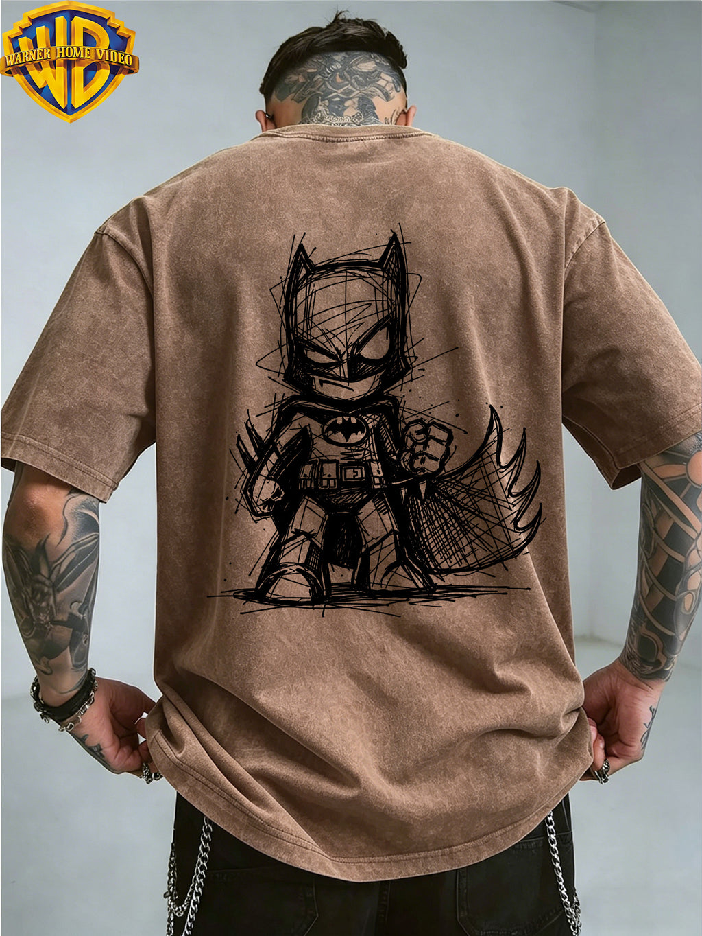 Warner Bros. Official License, Cape Q-Version Batman Sketch Double-Sided Print Washed Distressed Short Sleeve T-Shirt, American Retro Casual Top, Men'S Casual Comfortable Versatile Loose T-Shirt, Suitable for Daily Wear, Styling, And Gifting - Coffee Color