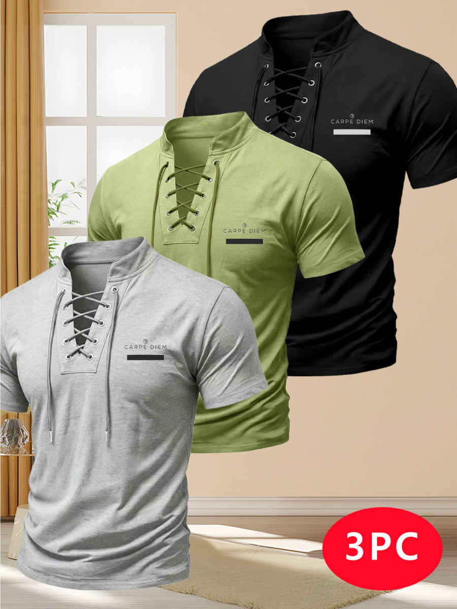 Men's Three-pc Summer New Arrival Solid Color Stand Collar Short Sleeve T-Shirt, American Vintage Style with Unique Drawstring Cross-Over Shoulder Straps, Slim Fit Fashionable Casual Streetwear Sporty Short Sleeve Top. Outdoor Travel Daily Wear - Black+green+grey