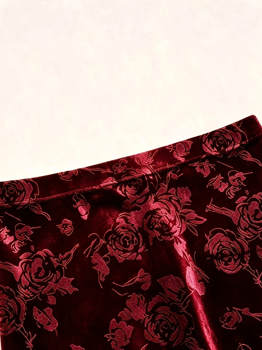 Elegant Velvet Three-Dimensional Rose Embossed Mermaid Skirt, Baita Fashion Dress - Burgundy