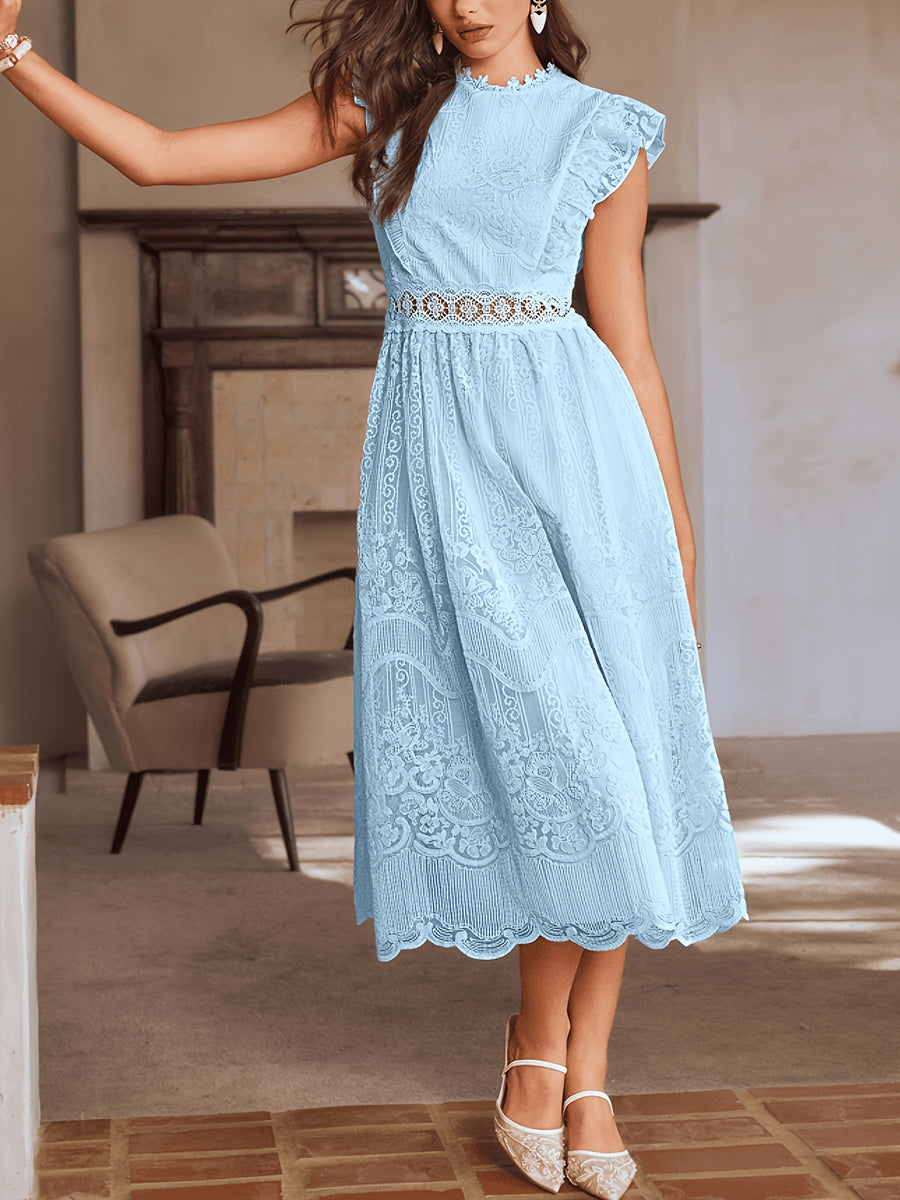New Women'S Spring And Summer Lace Ruffle Decoration Temperament Elegant Long Dress Evening Dress Bridesmaid Dress Dress - Powder blue