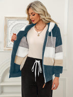 Women's Fuzzy Hooded Jacket Color Block Zip-Up Coat Warm Outerwear with Pockets for Autumn Winter Casual Outdoor Wear - Navy Color