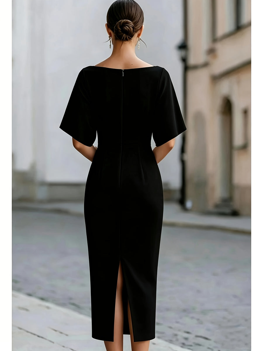 ST26037 Elegant Temperament Waist Mid-Length Dress for Women - Black
