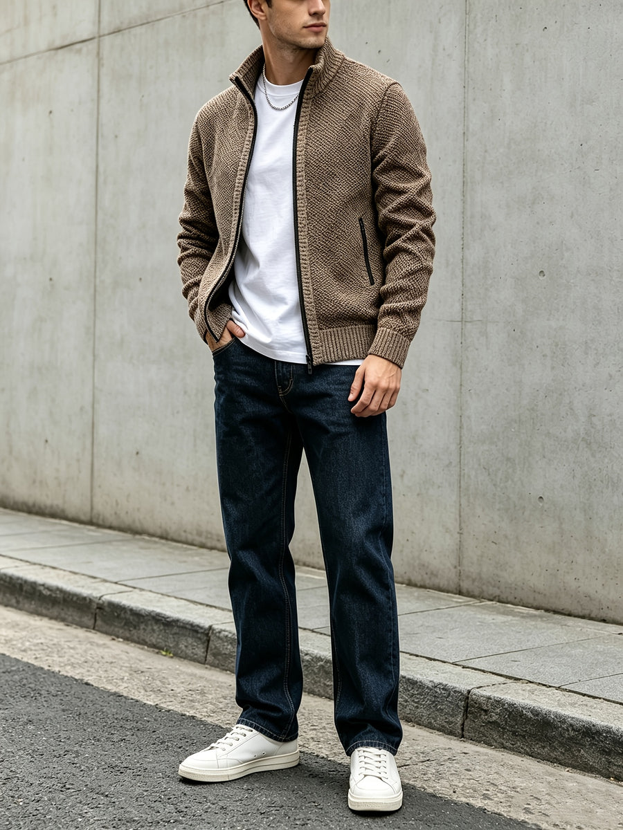 Men's Autumn and Winter Mixed Color Knitted Sweater, Comfortable and Warm, Very Durable Knitted Texture Sweater Jacket, Casual Style, Versatile for Daily Commuting Winter Clothes for Men - Khaki