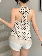 2026 Summer New Women'S Polka Dot Halter Neck Satin Vest, Back Tie Bow Lace Hem Sleeveless Cami Top, Retro Elegant Date Night Club Casual Purely Sexy Top - Apricot