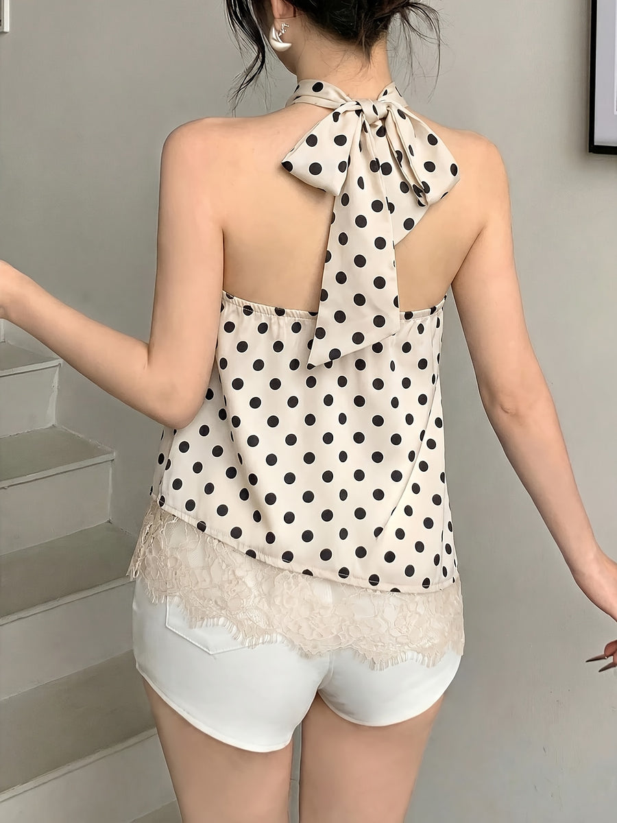2026 Summer New Women'S Polka Dot Halter Neck Satin Vest, Back Tie Bow Lace Hem Sleeveless Cami Top, Retro Elegant Date Night Club Casual Purely Sexy Top - Apricot