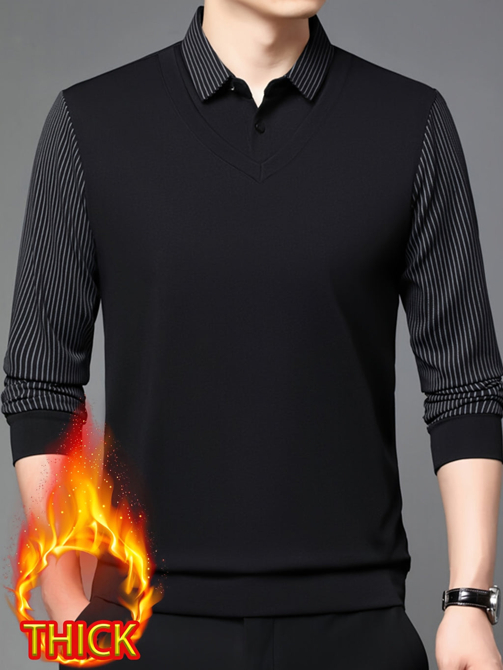 Men'S Autumn Casual 2pcs Collar Long Sleeve Top, V-Neck Vest with Striped Sleeves, Business Style, Suitable for Commuting And Entertaining - Black