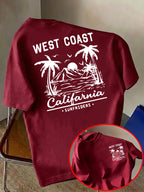 Men'S Casual T-Shirt, Fashionable Round Neck Short Sleeve, WEST COAST California Beach Surfing Pattern, All-Season Versatile, Durable Print Machine Washable Non-Fading, Commute, Streetwear, Campus, Couple Wear - Burgundy
