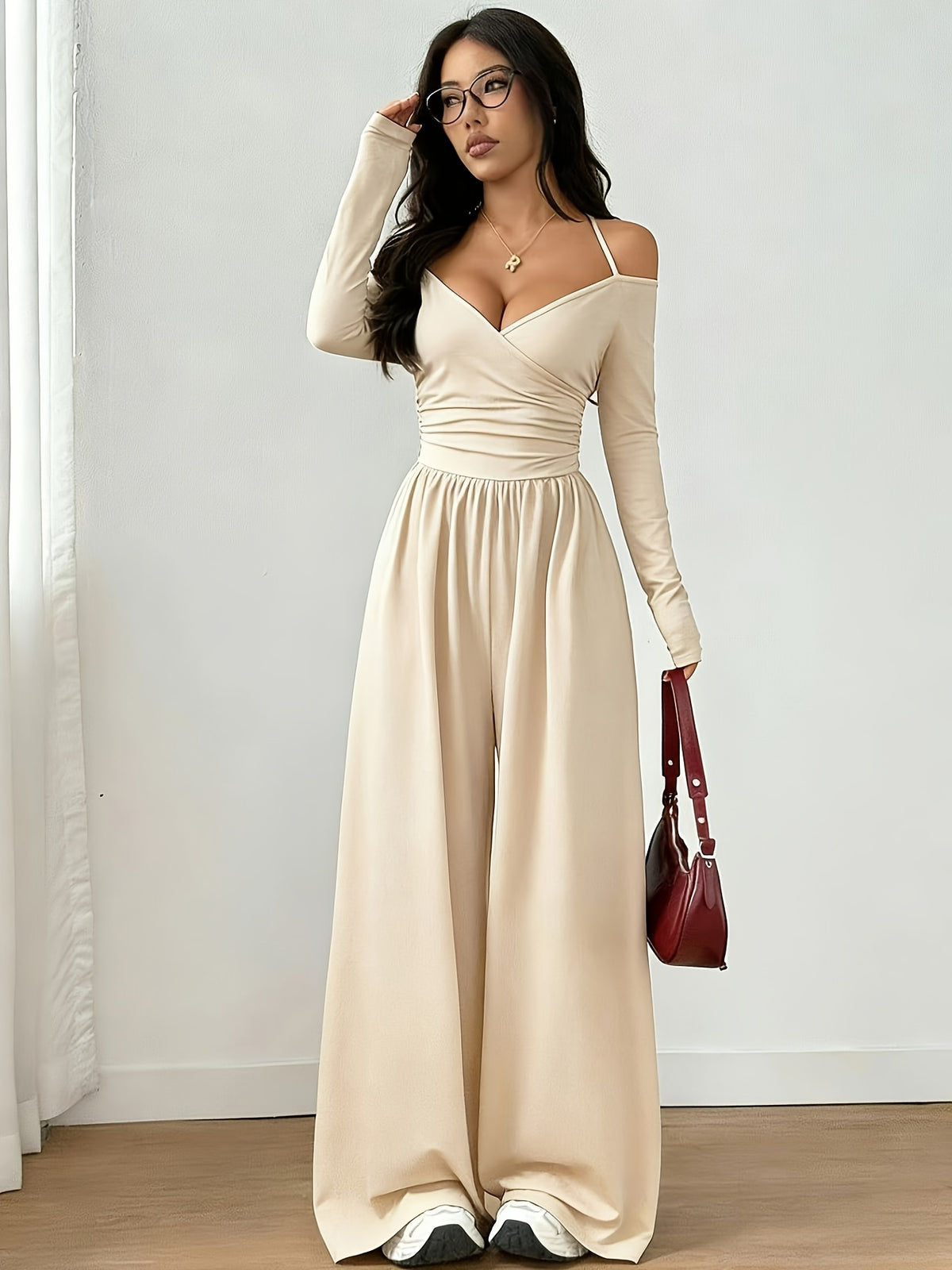 Women's Casual Solid Color Long Sleeve Halter Neck Off-Shoulder Wide Leg Jumpsuit - Apricot