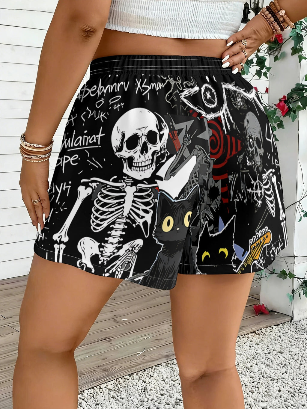 Women's Standard Size Digital Print Shorts, Black with Graffiti Skull and Black Cat Print, Elastic Waistband. Street-style High-waisted Shorts with Graffiti Skull and Black Cat Print., Figure-flattering Vacation Beach Shorts. Loose-fitting Wide-leg - Mixed colors