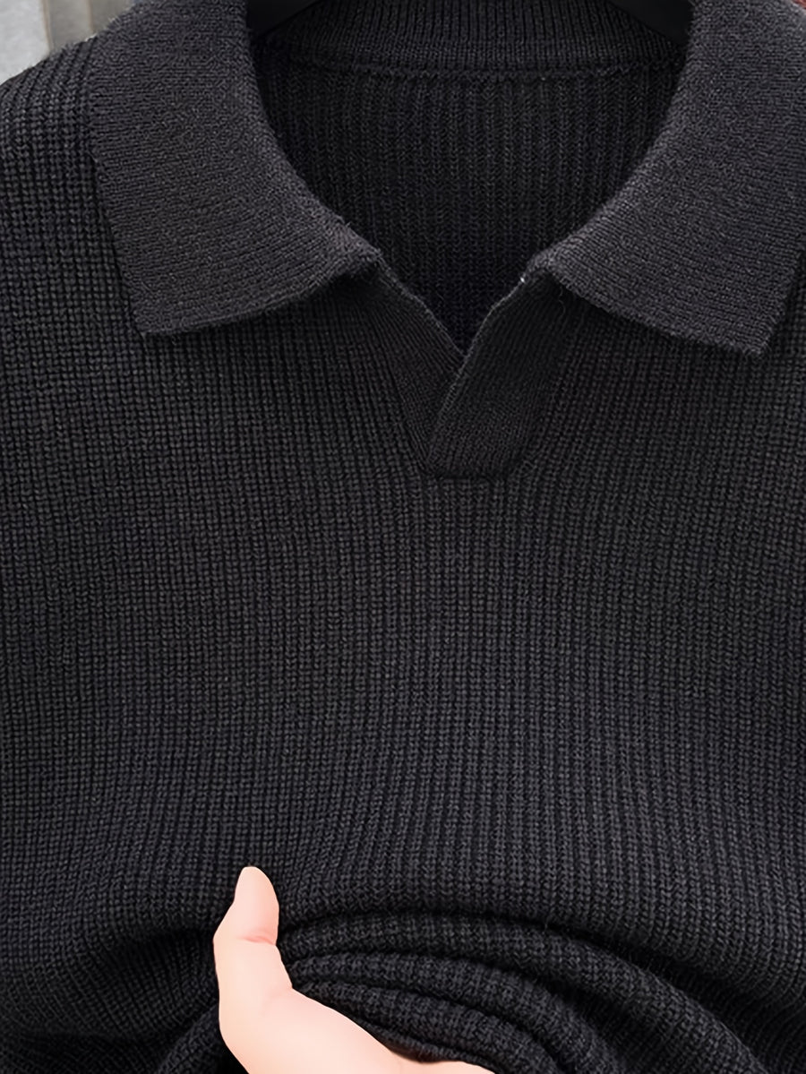 Autumn Winter Men'S V-Neck Small Revers Sweater Heavyweight Knit Fabric Dark Green Brown Black Three-Color Business Casual Pullover - Black