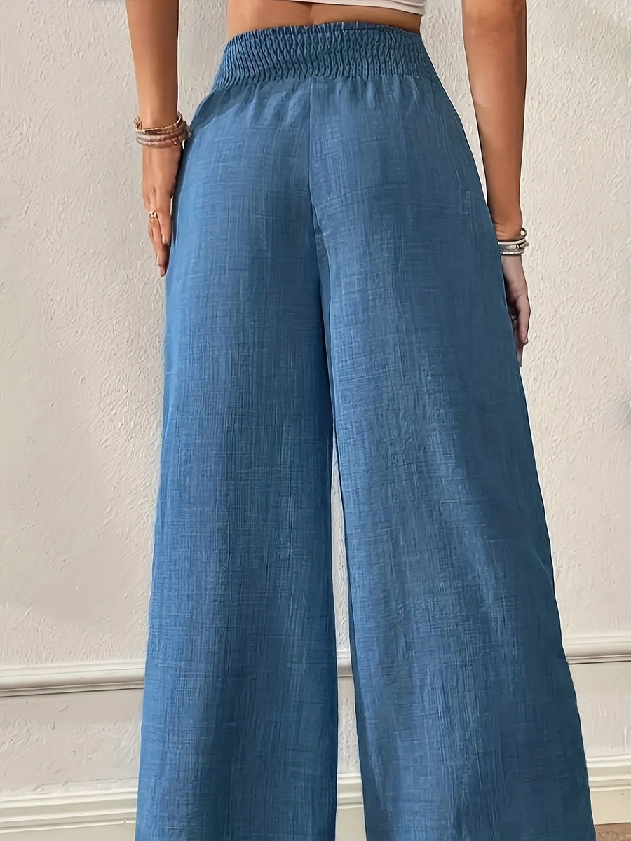 New Women'S High-Waist Wide-Leg Pants, Elastic Waist Straight-Leg Long Trousers, Elegant Wide-Leg Trousers Suitable for Casual And Formal Occasions, Office, And Semi-Formal Wear - Light Blue