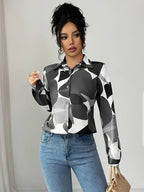 Elegant Green Floral print Button- Shirt with Collar - Loose Fit Long Sleeve Blouse, Machine Washable for Year-Round Casual & Professional Wear - Silvery Grey