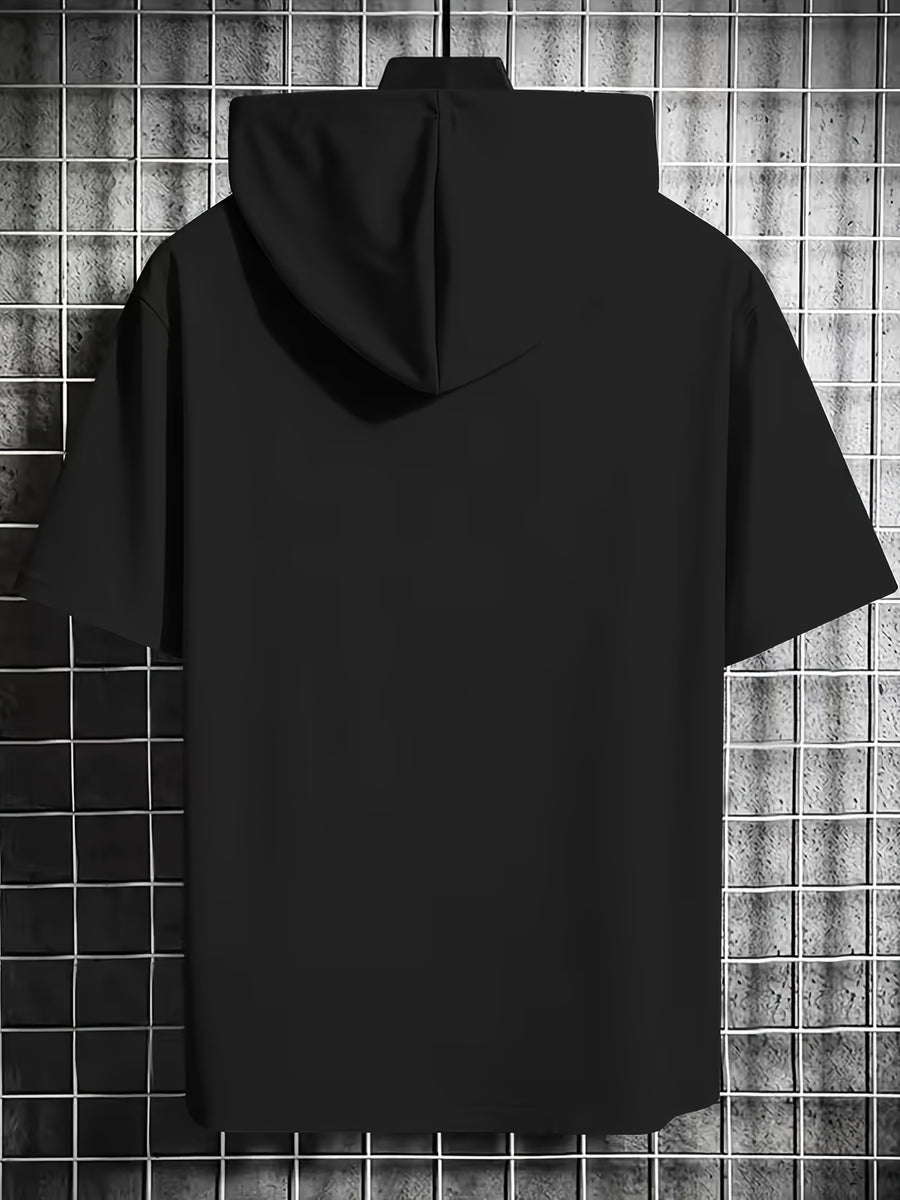 Summer New Men'S Solid Color Hooded Short Sleeve T-Shirt, Street Trendy Casual Top - Black