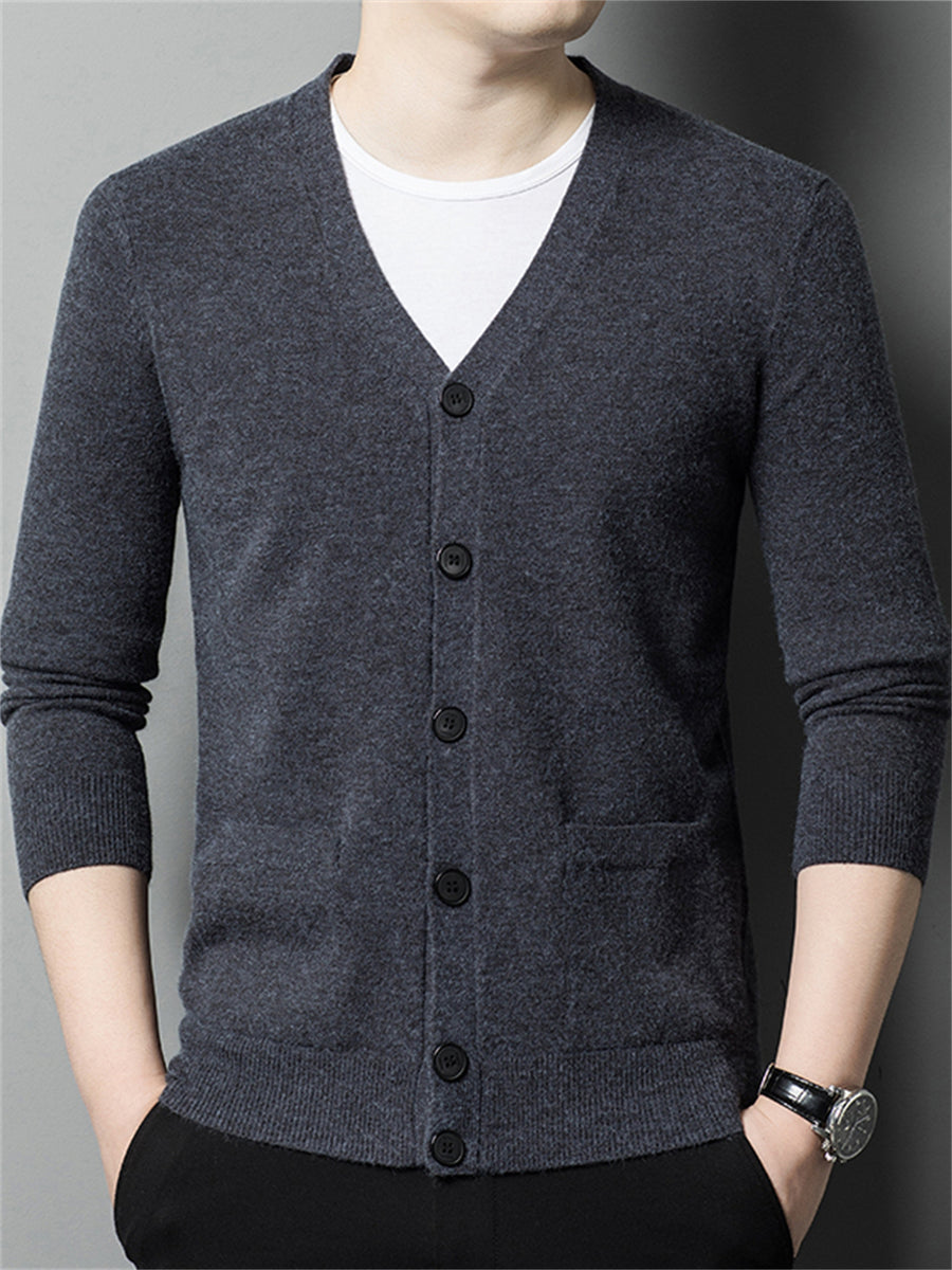 Autumn Winter Knit 3D Solid Color V-Neck Sweater, Basic Knit Cardigan for Men, Fashionable Long Sleeve Sweater, Cangyuan Y - Deep Gray