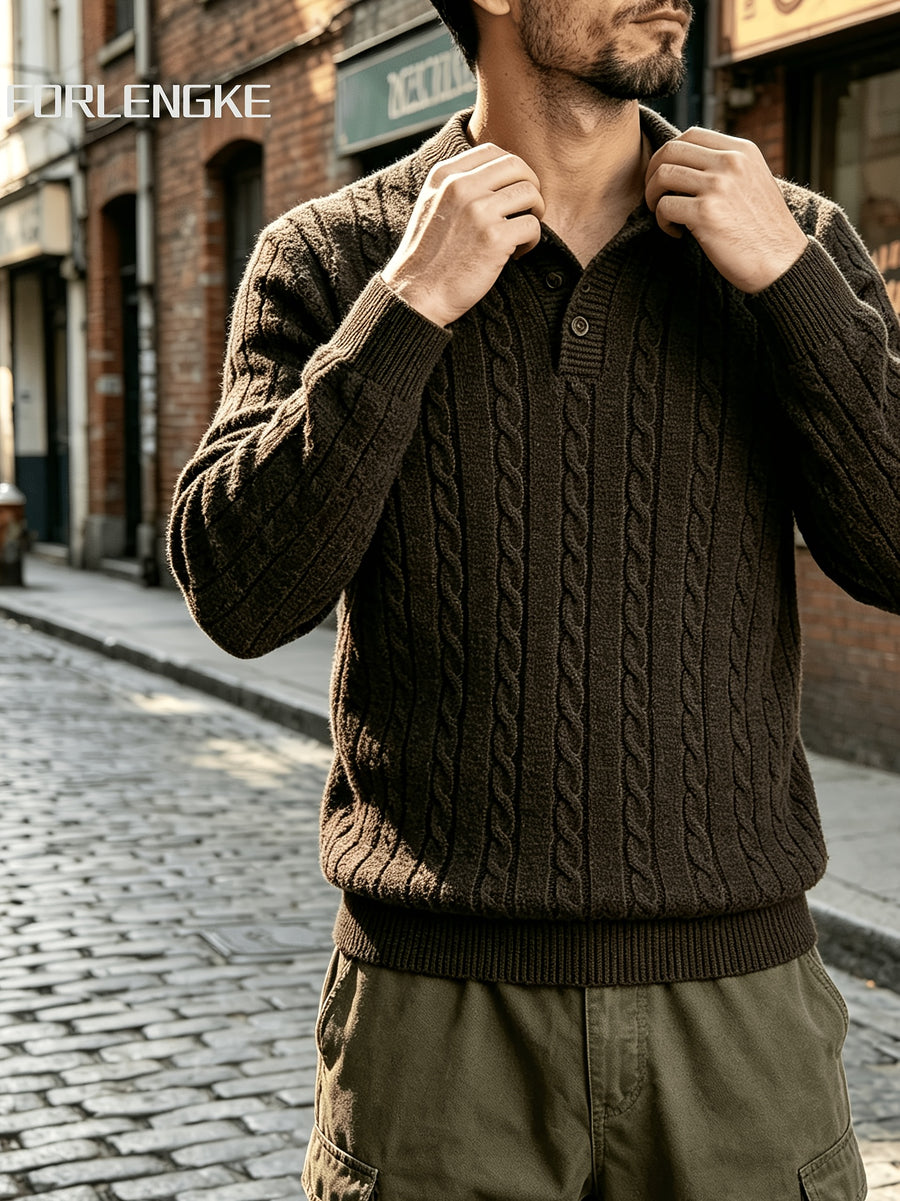 FORLENGKE Autumn Winter Men'S Henley Collar Half-Button Cable Knit Top Vintage Street Style 3D Twist Knit Long Sleeve Sweater Loose Slimming Casual Versatile Inner Wear Outer Wear Pullover Shirt - Coffee Color
