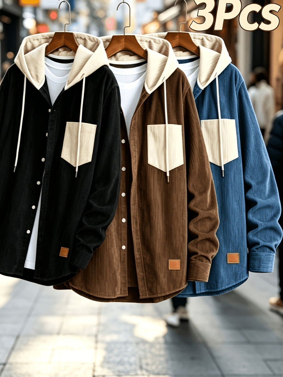 Men'S Fashion Corduroy Hooded Long Sleeve Shirt, Men'S Casual 3pcs Set Hooded Top Shirt - Black Plus Brown Plus Blue