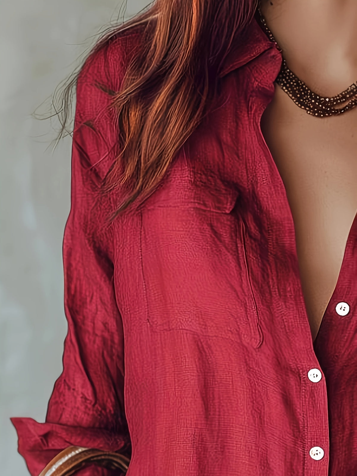 Women's Elegant Casual Solid Color Long Sleeve Shirt, Breathable Soft Fabric, Spring Summer Autumn 2026 New Top - Deep Red