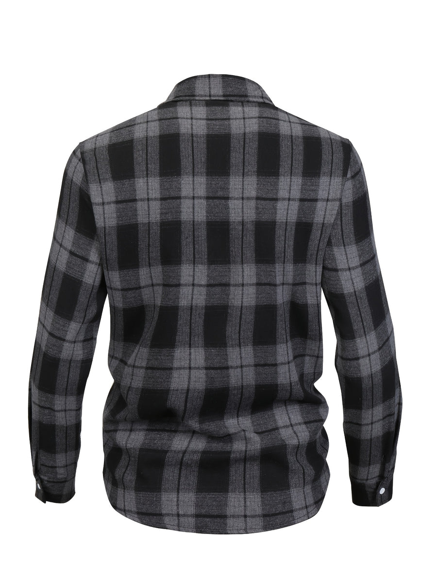 Men'S Color-Block Checkered Casual Shirt, Spring/Autumn Thin Breathable Fabric, Black Gray Plaid Top Men'S Clothing, Suitable for Daily Wear Collared Long Sleeve Button-Up Shirt, Travel Vacation Attire - Black And Gray Grid