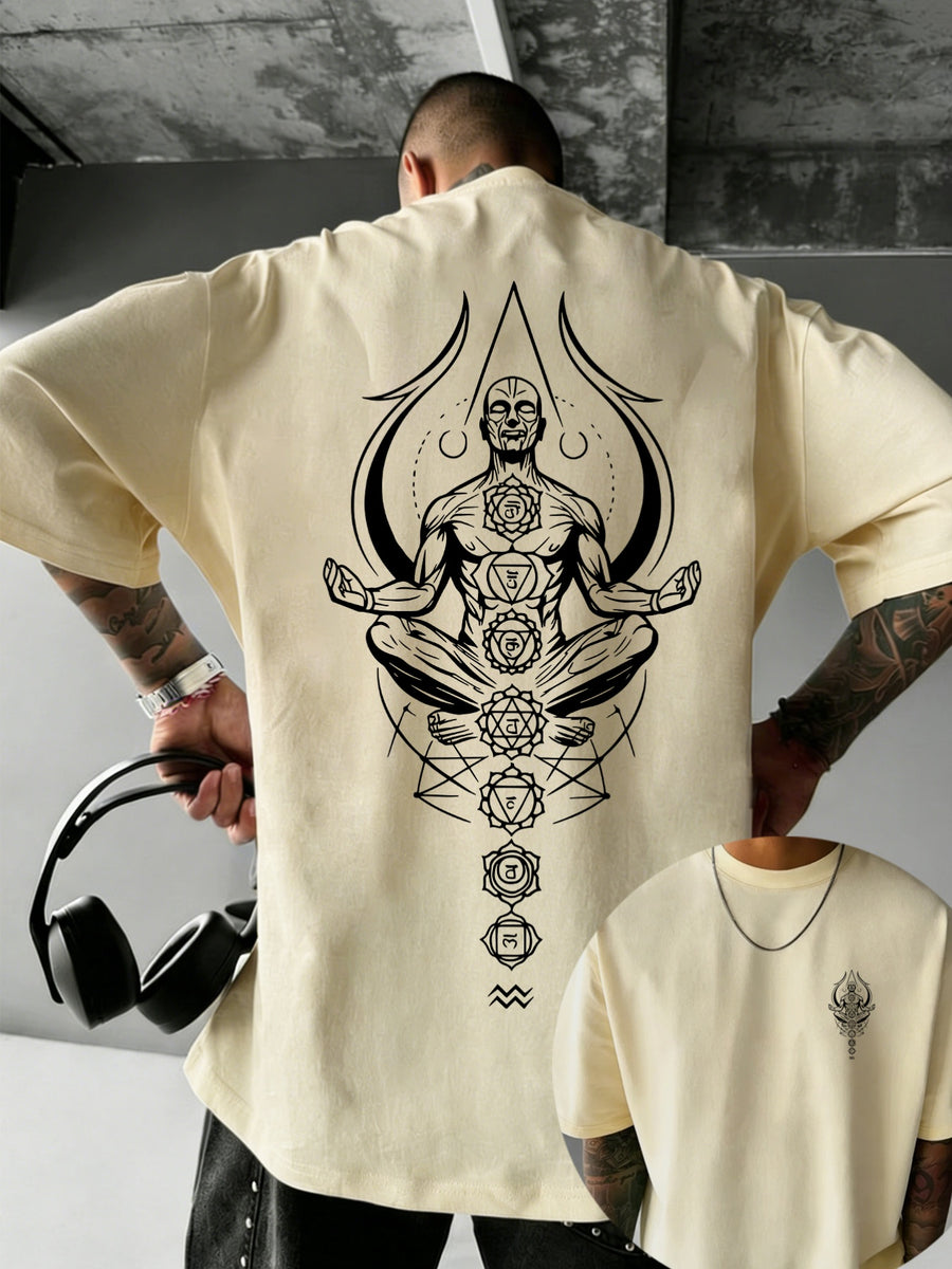 Men's 100% Pure Cotton T-Shirt, Zen Chakra Print, Breathable and Soft, for All Seasons, Casual Daily Commute - Apricot