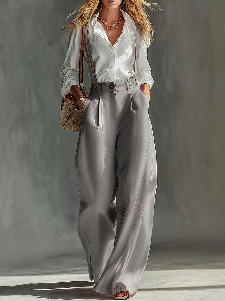 Spring and Autumn High-Waist Pleated Suspender Pants, Vintage Temperament Commuter Casual Trousers - Grey
