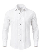 Men's Linen Guayabera Shirt with Lapel Collar & Button Front Panel - Accordion Pleat Chest Texture, Long Sleeve Button-Front Closure Suitable for Beach, Casual, -Casual Wear, Year-Round Versatile Formal & Everyday Button-Up Shirt - White