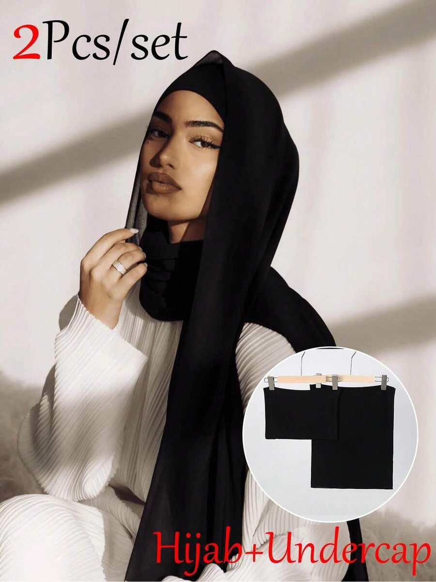 2pcs/Set Includes One Solid-Color Chiffon Headscarf And One Tube-Style Under-Cap. Made from High-Quality, Durable Chiffon, The Set Is Smooth, Comfortable, And Breathable. Suitable for Daily Wear, Commuting, And Eid Prayers; Perfect for All Seasons - Black
