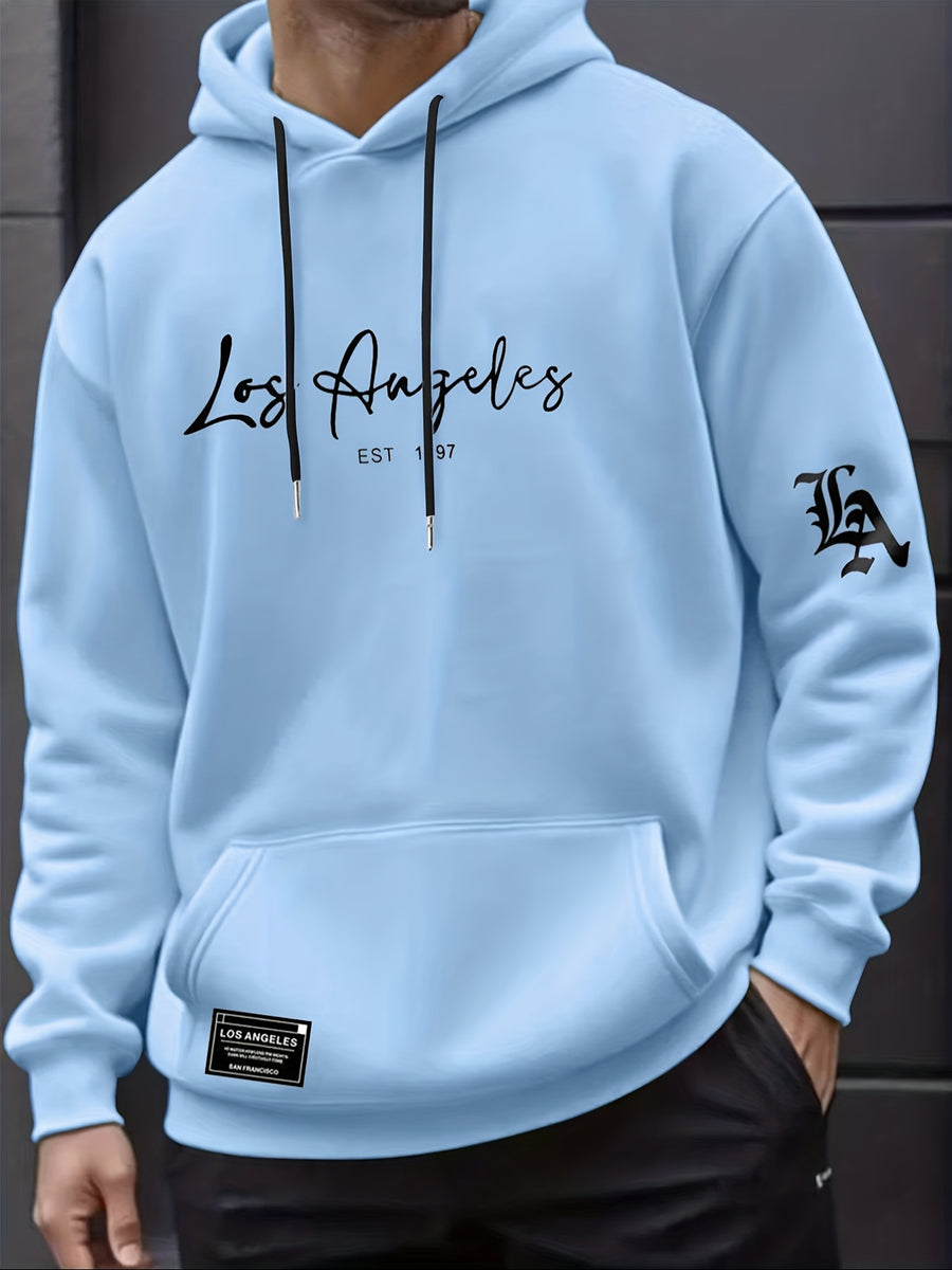 Men's Autumn/Winter Letter Print Pattern -Lined Hooded Sweatshirt, Versatile Sporty Casual Loose Fit Hoodie - Sky Blue