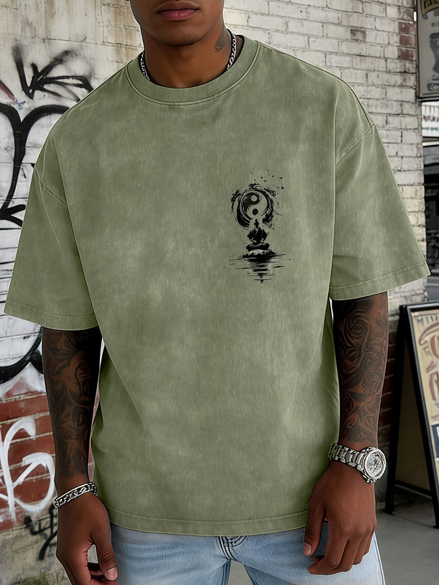 Washed and Distressed Pure Cotton Short-sleeve T-shirt with Trendy Double-sided Print Featuring Tai Chi, Zen, and Meditating Ink Wash Art. Available in 12 Colors for Mix-and-match Styling. Loose-fit Men's Top in High Street Y2K Style - Olive Green