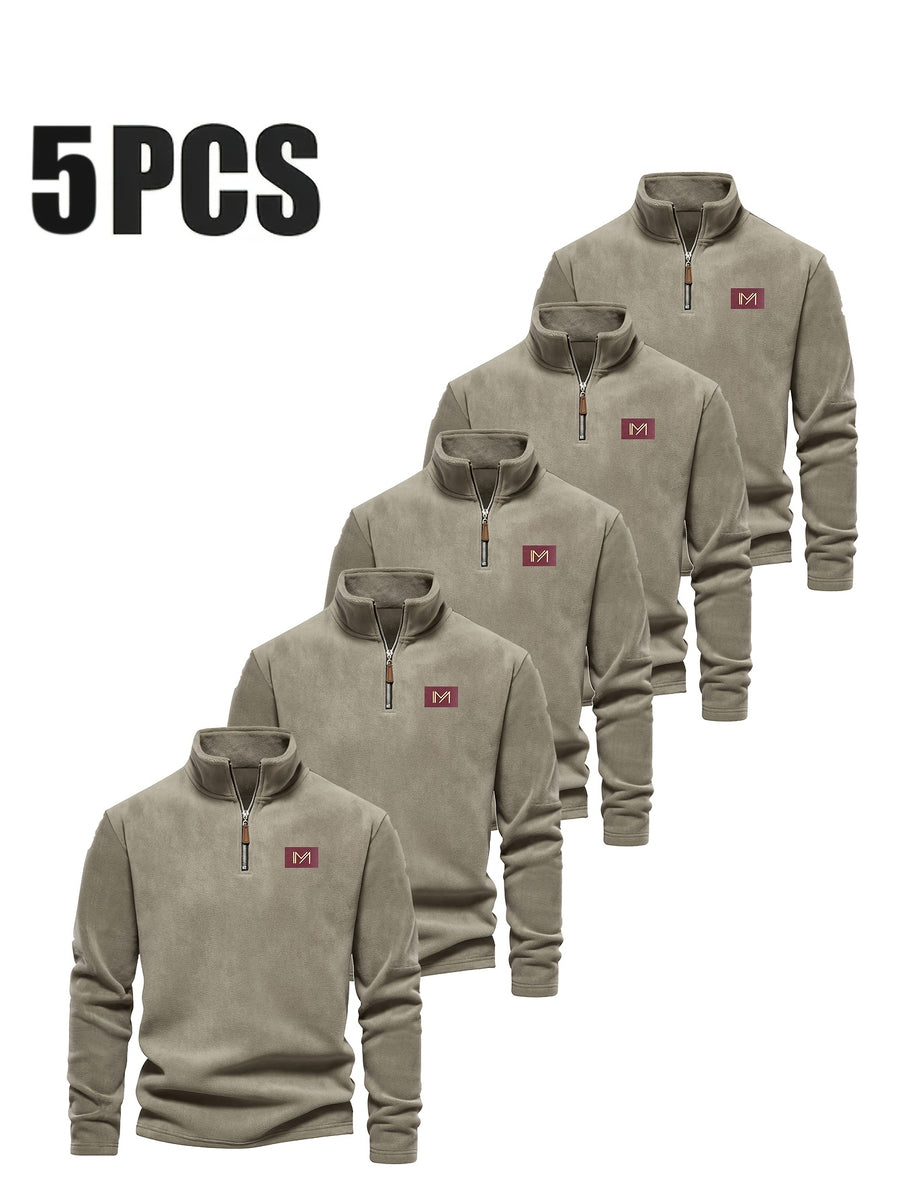 Men's Autumn/Winter Fashionable Simple Style Stand Collar Long Sleeve Sweatshirt 5pcs - Khaki + Khaki + Khaki + Khaki + Khaki